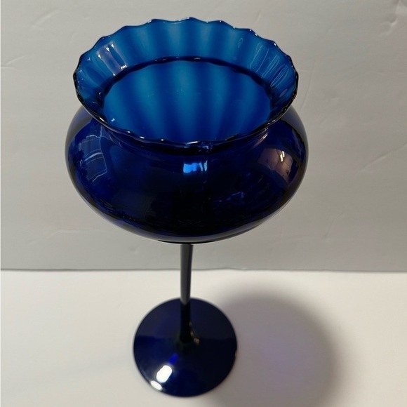 Vintage MCM Cobalt Blue Stretch Tall Pedestal Hand Blown Bowl with Scalloped Rim - Picture 3 of 7